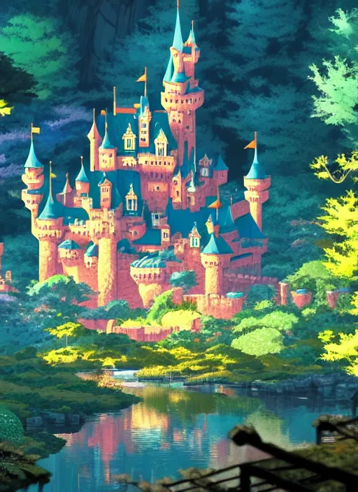 Prompt: magical castle, enchanted forest, scenery wallpaper aesthetic, anime style, beautiful, cinematic, dramatic, super detailed and intricate, hyper realistic, 4 k render, by koson ohara, by darwyn cooke, by satoshi kon