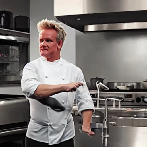 Image similar to hyper real Gordon Ramsey cooking a unicorn in kitchen 4k