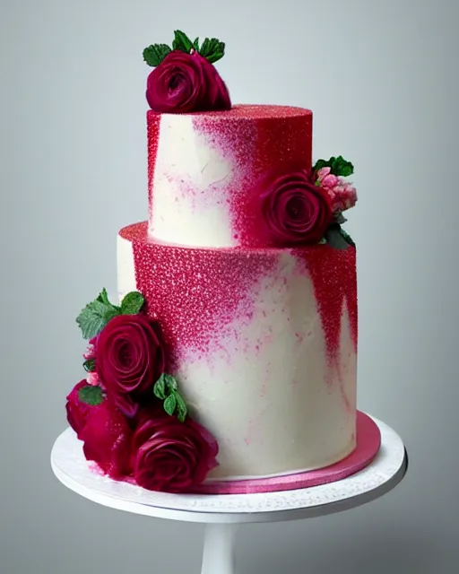 Image similar to elegant dolomite raspberry wedding cake dripping fondant, stylized, sparkling, glitter, gilding, ornate, sylvain sarrailh, artstation