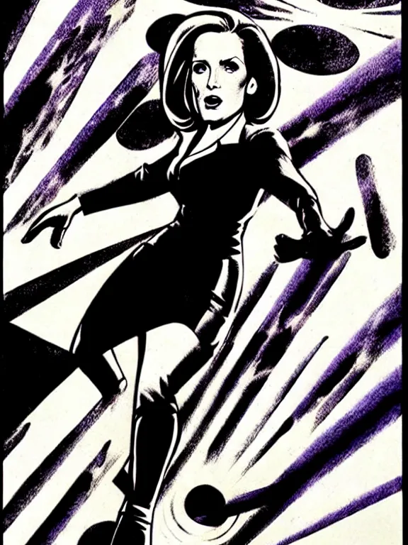 Prompt: dana scully illustrated by jack kirby, floating, hand outstretched, energy effects, power cosmic, poster, pen - and - ink illustration, kirby inks