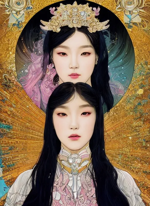 Prompt: Kim Ji-soo from Blackpink as magical celestial princess wearing luxurious futuristic chic slim pearlescent dress, bright gold eyes, peaceful expression, fantasy, intricate pink and royal blue dress, captivating, seductive look, accurately portrayed, portrait art by James Jean and Alphonse mucha, highly detailed, digital painting, concept art, illustration, multiversal paradise shining rgb luxurious lights, trending on artstation, very detailed, smooth, sharp focus, octane render, close-up