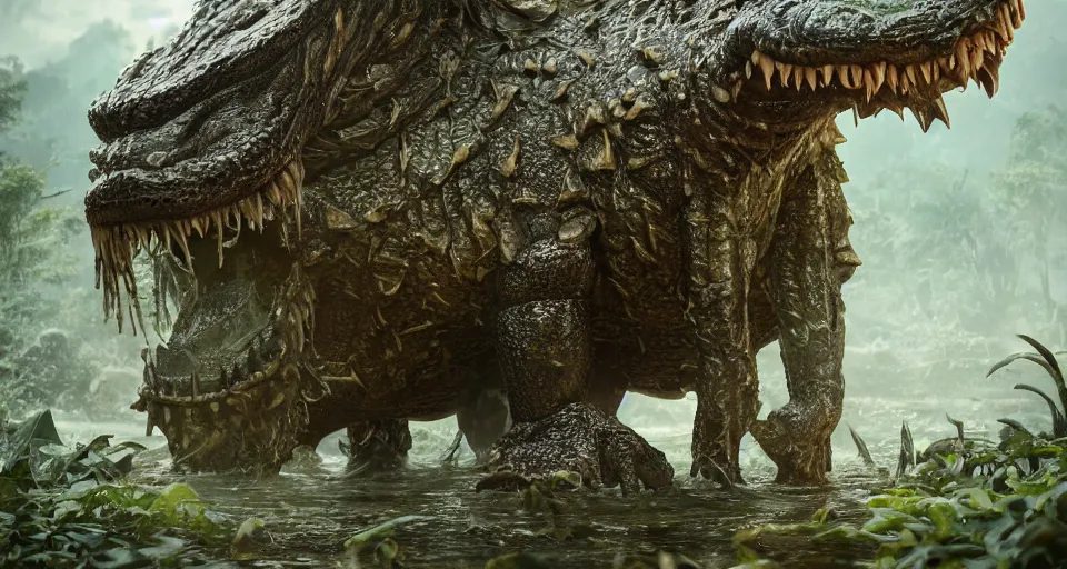 Image similar to A colossal crocodile god emerging from a swamp. Tiny villagers stand in awe. Slimy tendrils dangle. cinematic shot, intricate, ornate, photorealistic, ultra detailed, 100mm, photography, octane, high definition, depth of field, bokeh, 8k, behance, artstation