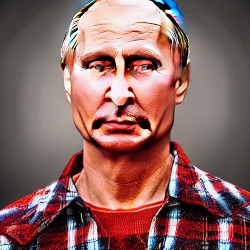 Image similar to Closeup of Vladimir Putin posing as a lumberjack. He has an axe in his hand and is wearing a yellow helmet. He looks very surprised. Hyper realistic photo. Full colour. Extremely detailed facial features.