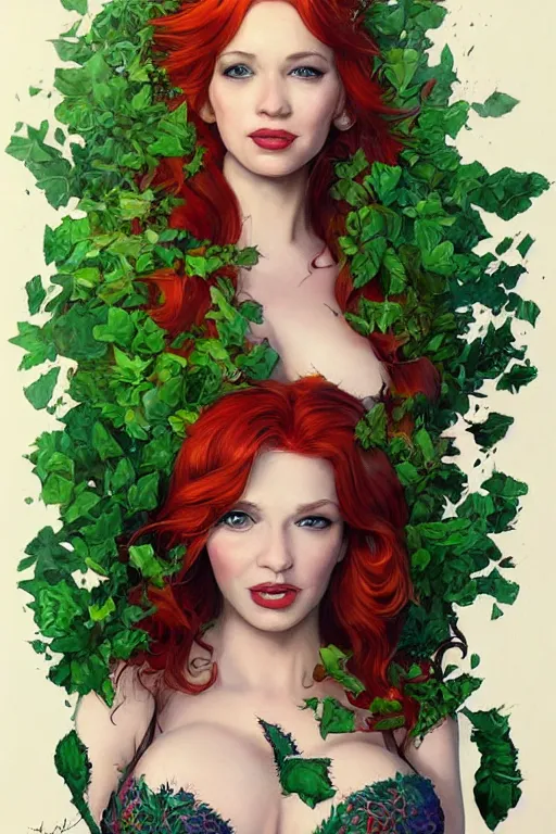 Image similar to three-quarters pose portrait of Christina Hendricks as Poison Ivy, very beautiful young woman, ginger wavy hair, Intricate, nature and flowers tattoos and imagery themed, D&D!, fantasy style, sharp focus!, ultra detailed, art by Artgerm and Peter Andrew Jones, WLUP