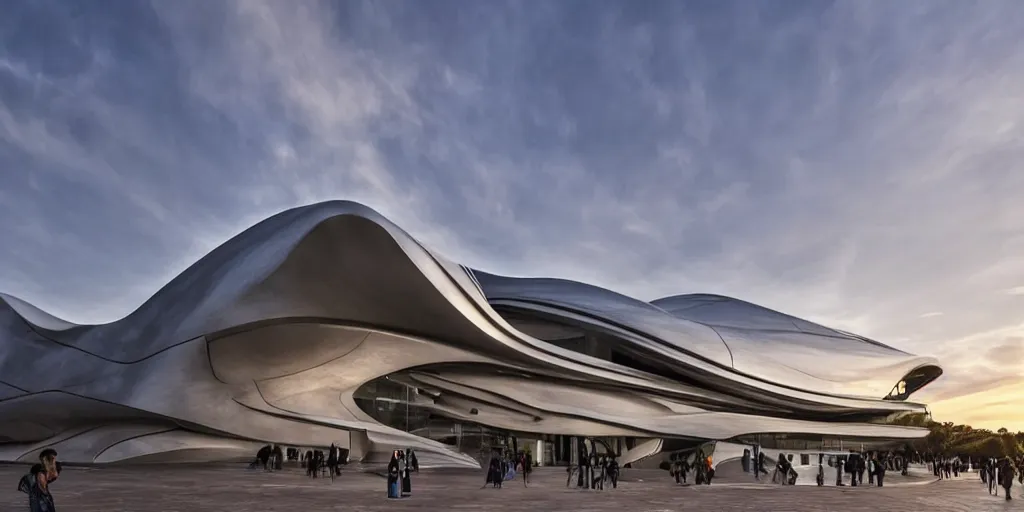 Image similar to extremely elegant smooth detailed stunning sophisticated beautiful elegant futuristic museum exterior by Zaha Hadid, Milan buildings in the background, smooth curvilinear design, stunning volumetric light, stainless steal, concrete, translucent material, beautiful sunset, tail lights