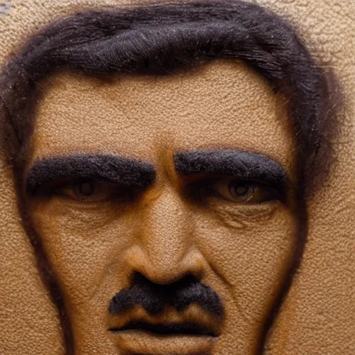 Image similar to close up portrait, a face made of coffee made of pablo escobar, studio lighting