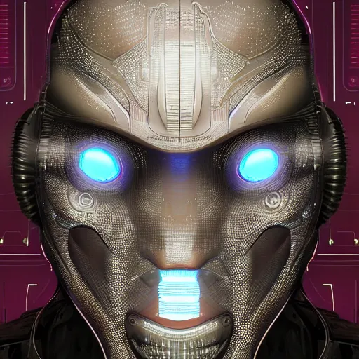 Image similar to sophisticated portrait of glowing, warm, atmospheric, misty, leds, futuristic cybernetic warrior alien in profile, highly intricate, detailed humanoid, trending on artstation