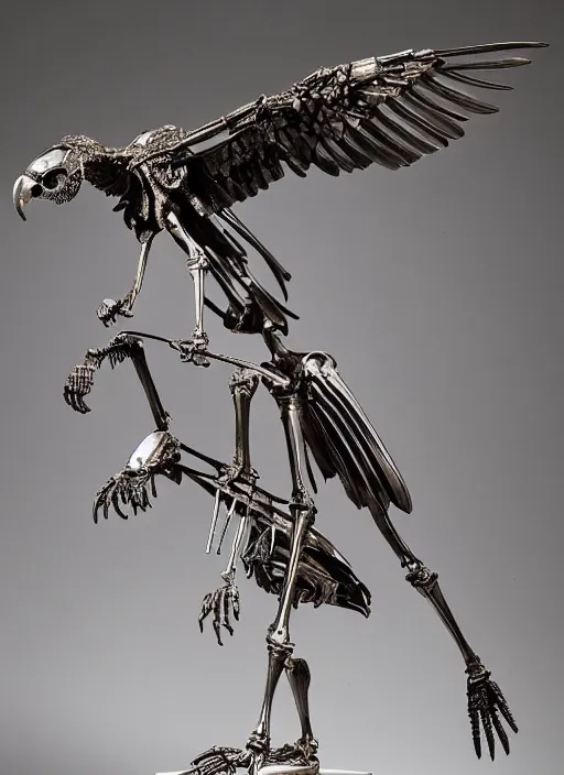 Image similar to a vulture skeleton sculpture made with polished stainless steel, shining and glossy by bernini