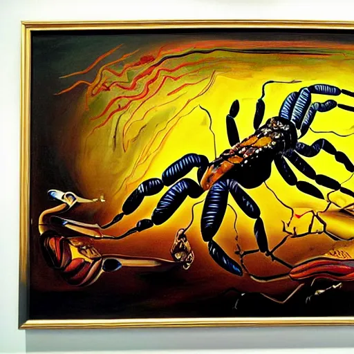 Image similar to hybrid of a scorpion and a jaguar. hyper realism painting by salvador dali and jackson pollock. 3 d depth and sense of scale