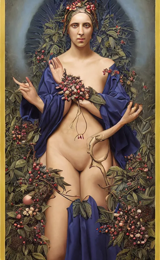 Image similar to a painting of a woman in plain blue robes, hands in lap with scroll, lunar crescent, horned diadem, large cross on chest, palm leaves, pomegranates, a surrealist painting by marco mazzoni, peter mohrbacher, cgsociety, neo - figurative, detailed painting, rococo, oil on canvas, biomorphic, lovecraftian