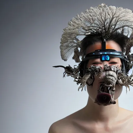 Prompt: a hyphae shaman with bone virtual reality headset brain - to - brain sensing interface mask of fungal mycelial mats, with a feathered snake in the mouth, inside embossed waterly mechanoid exoskeleton biocouture