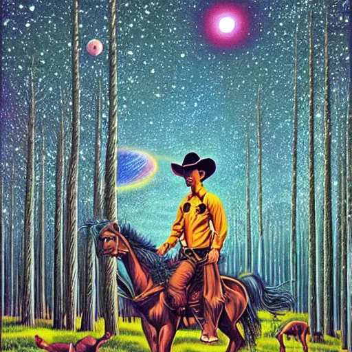 Prompt: psychedelic, trippy, cowboy, pine forest, galaxy horse, planets, milky way, cartoon by rob gonsalves