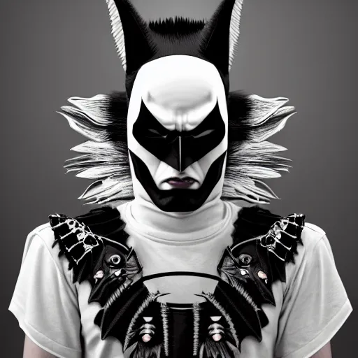 Image similar to jansen ackles as batman, 3 d portrait punk with mohawk with goat skull. beautiful intricately detailed japanese crow kitsune mask and clasical japanese kimono. betta fish, jellyfish phoenix, bio luminescent, plasma, ice, water, wind, creature, artwork by tooth wu and wlop and beeple and greg rutkowski