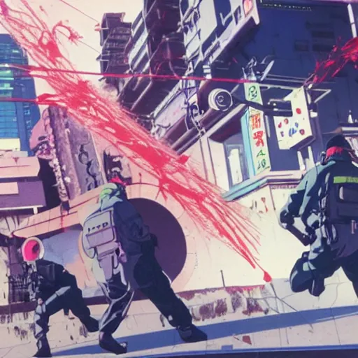 Prompt: 1991 Video Game Screenshot, Anime Neo-tokyo Cyborg bank robbers vs police shootout, bags of money, Police Shot, Bullet Holes and Blood Splatter, Anime VFX, Violent, Action, MP5S, FLCL, Highly Detailed, 8k :4 by Katsuhiro Otomo + Studio Gainax + Arc System Works : 8