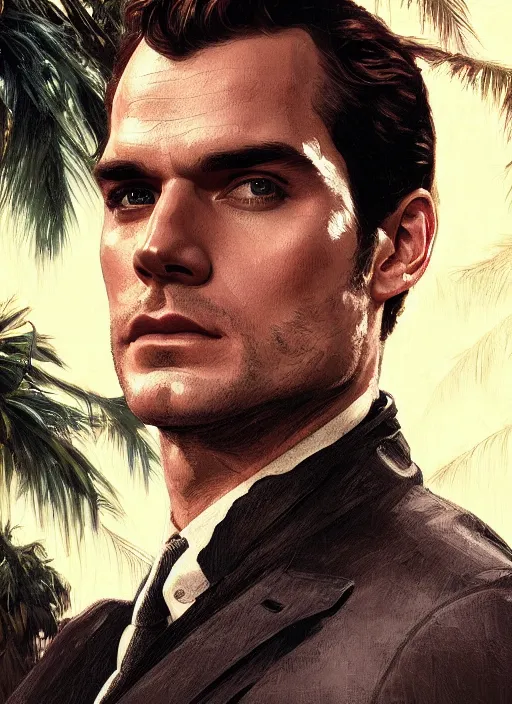 Image similar to portrait of henry cavill as james bond, key art, palm trees, vintage aston martin, highly detailed, digital painting, artstation, concept art, cinematic lighting, sharp focus, illustration, by gaston bussiere alphonse mucha