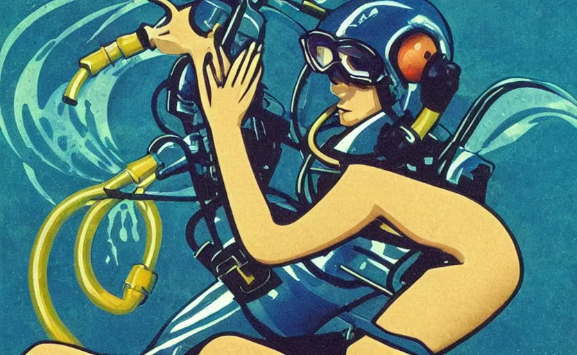 Prompt: vaporwave art deco of scuba diver in atlantis by adolphe millot