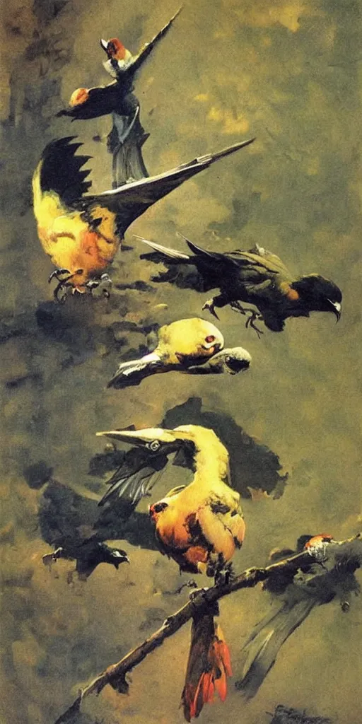 Image similar to painting, frank frazetta, birds