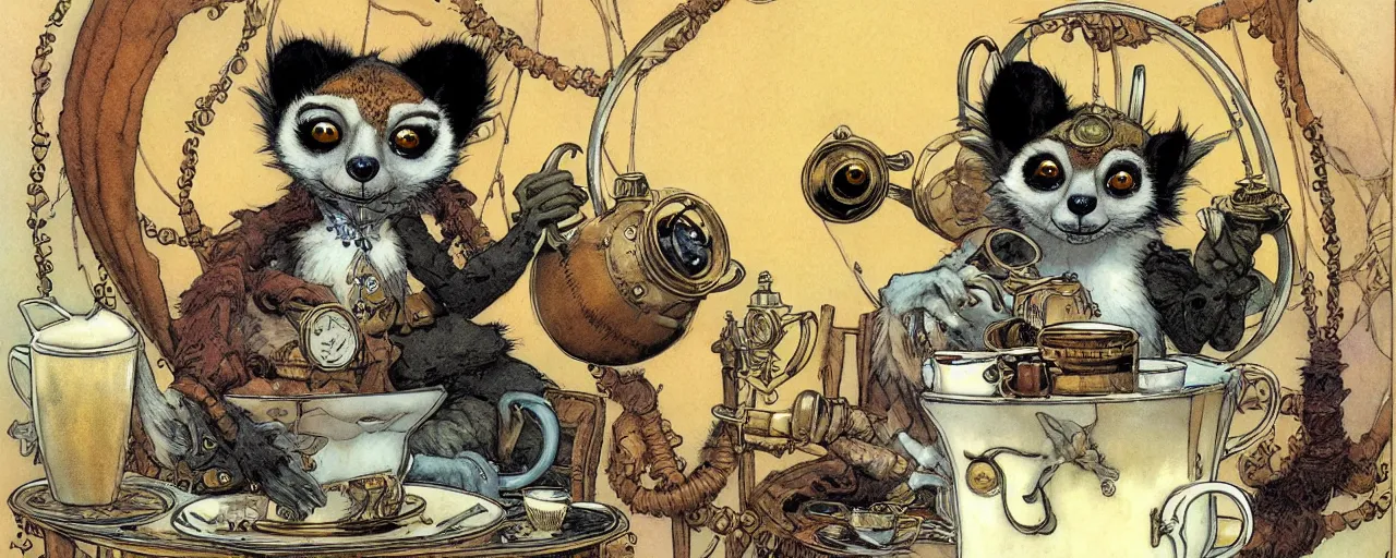 Image similar to an steampunk lemur having a cup of tea, muted colors, by rebecca guay, michael kaluta, charles vess and jean moebius giraud