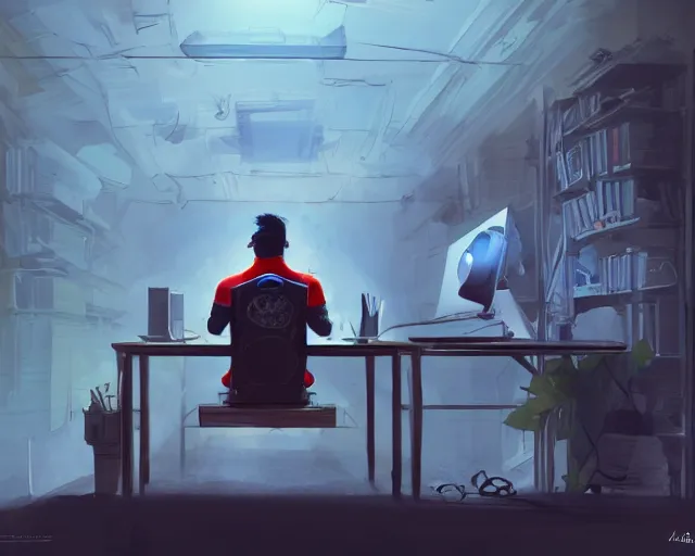 Image similar to an insanely detailed painting of a slightly chubby, nerdy asian man wearing a superhero costume and mask, sitting at a desk, staring at the nervously at the computer and typing, in the style of peter mohrbacher, dramatic lighting and composition, octane render, trending on artstation, concept art, comic book, view from behind