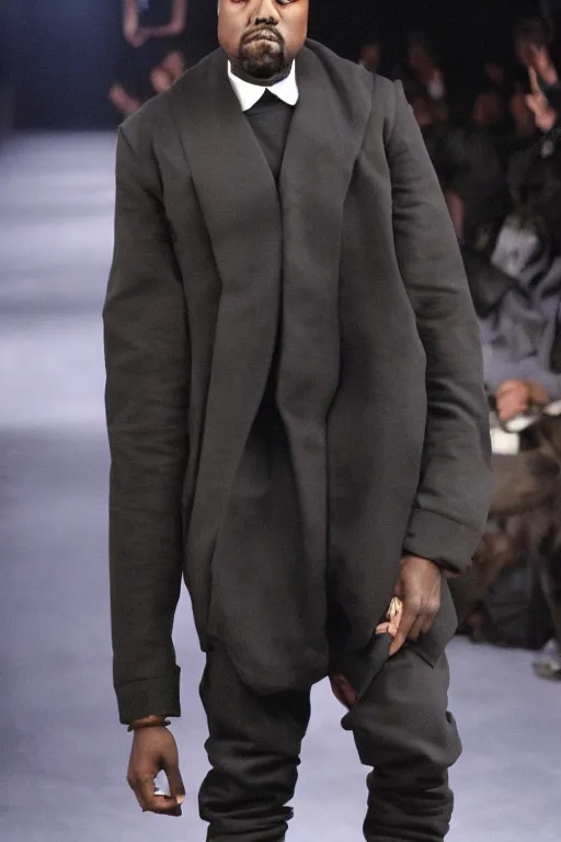 Prompt: kanye west wearing a suit made of skin, runway photo