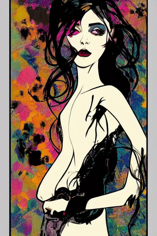 Prompt: vector style the abstract painting of an image of a lady artistic flat illustration, goth punk minimal figure art, soft colors mono chromatic, art in the style of Ross Tran and Greg Rutkowski and Alphonse Mucha