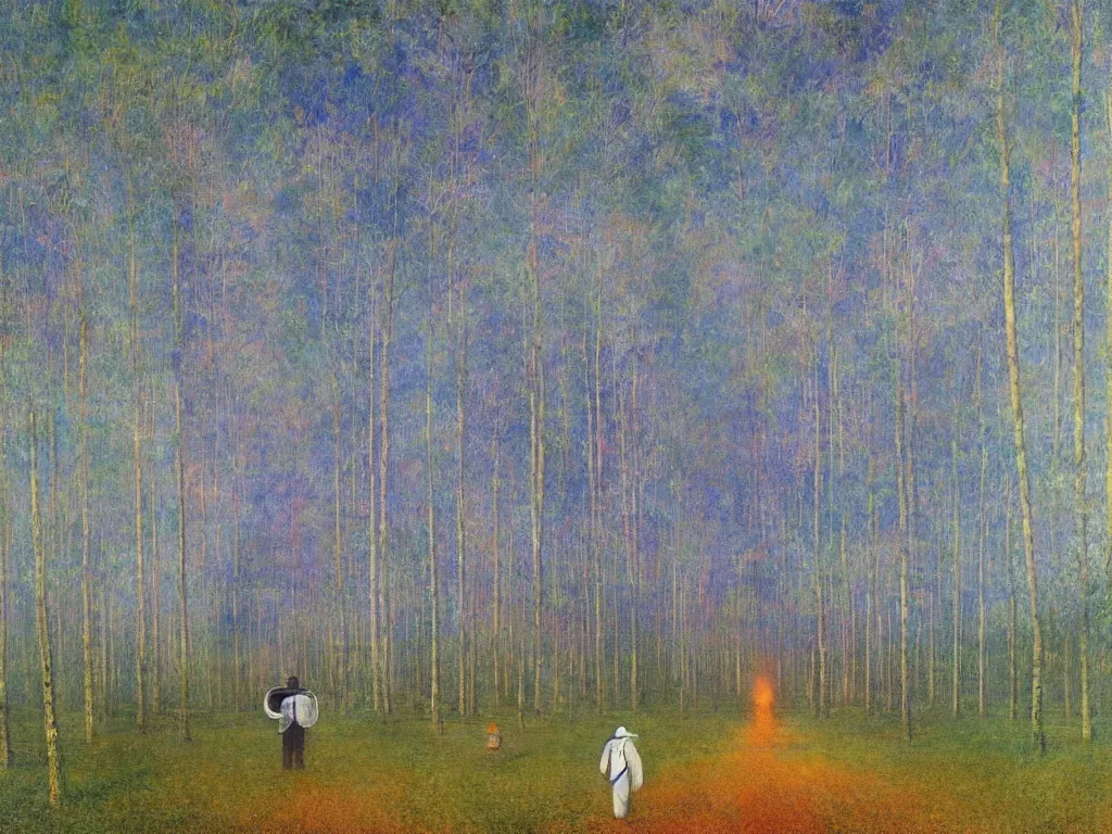 Image similar to man in white beekeeper suit looking at the psychedelics dream mothership over the solitary road lined with giant poplars. painting by mikalojus konstantinas ciurlionis, bosch, wayne barlowe, agnes pelton, rene magritte