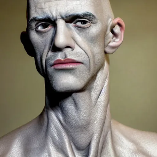 Image similar to A middle-aged Dr. Venture in real life with a hooked nose, a long gaunt face and skinny body and neck, very thin and bald, realistic, very realistic, hyperrealistic, highly detailed, very detailed, extremely detailed, detailed, digital art, oil painting, trending on artstation, headshot and bodyshot, detailed face, very detailed face, extremely detailed face, HD Quality, 8k resolution, very very detailed face, real life