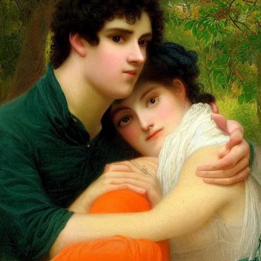 Image similar to young man in orange shirt and young woman in green dress with black hair hugging, by pierre - auguste cot