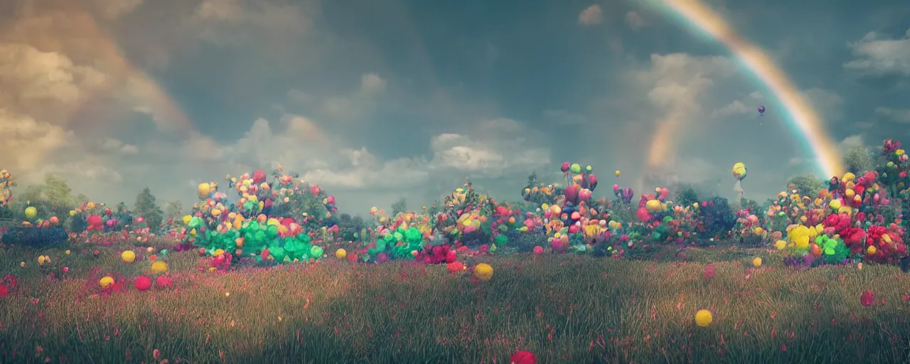 Prompt: ” clown world landscape, [ by wlop, cinematic, detailed, clown, widescreen, opening, establishing, mattepainting, photorealistic, rainbow textures, octane render ] ”