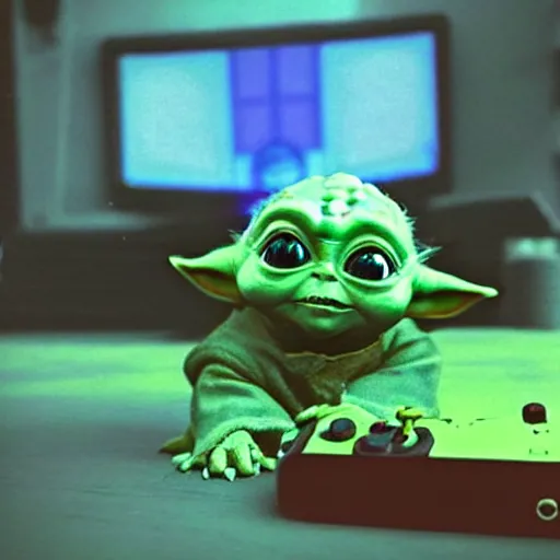 Image similar to real vintage photo, baby yoda playing the video game the legend of zelda, detailed, hyper realistic, 4 k octan render, unreal 5