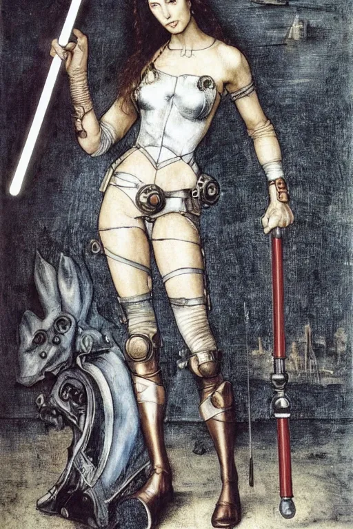 Image similar to highly detailed steampunk gal gadot standing, light saber, hieronymus bosch, leonardo da vinci, albrecht durer