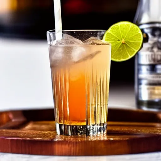 Prompt: cocktail in an engraved glass, with a straw, rum, cola, and a slice of lime on the rim of the glass, cocktail stands on a white table, in the caribbean