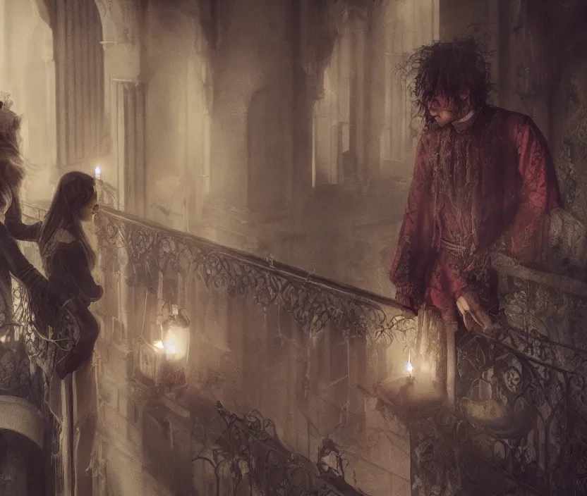 Image similar to the balcony scene from Romeo and Juliet as a dark fantasy, gothic romance, Nicholas Hoult as Romeo, and Elle Fanning as Juleit gloomy and foggy atmosphere, octane render, artstation trending, horror scene, highly detailded