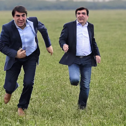 Prompt: president saakashvili running away in a field