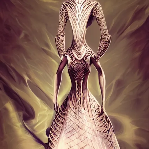 Image similar to a beautiful arabian woman wearing a futuristic dress by alexander mcqueen, artgerm, alex gray, android jones, fashion show, futuristic, organic dress, seamless pattern, concept art, fantasy