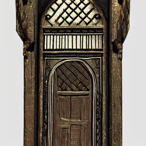 Image similar to A ajar door with a sleeping human face hangs on loops, medieval style, dramatic lighting, medieval style, dramatic lighting