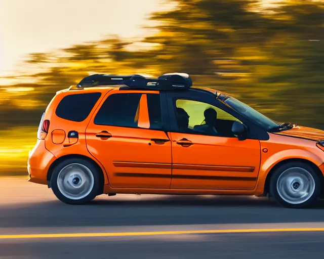 Image similar to border collie dog in the driver's seat of an orange nissan note, paws on wheel, car moving fast, rally driving photo, award winning photo, golden hour, front of car angle, extreme horizontal motion blur, 3 0 0 mm lens