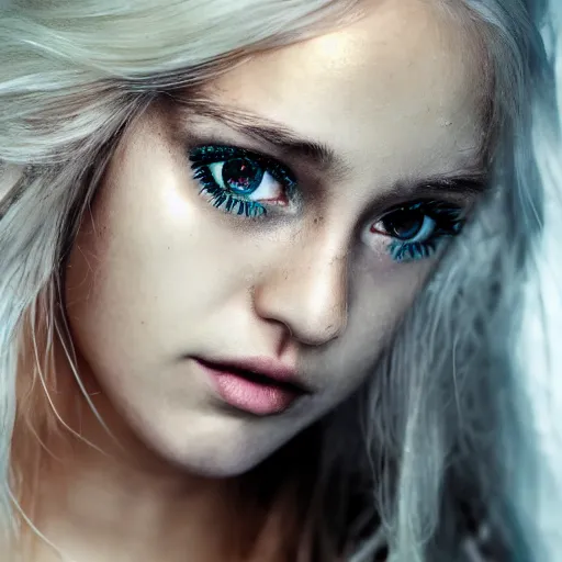 Image similar to A gorgeous blonde, grungy, unkept hair, glowing eyes, modelsociety, wet from rain, radiant skin, huge anime eyes, bright on black, dramatic, studio lighting, perfect face, intricate, Sony a7R IV, symmetric balance, polarizing filter, Photolab, Lightroom, 4K, Dolby Vision, Photography Award