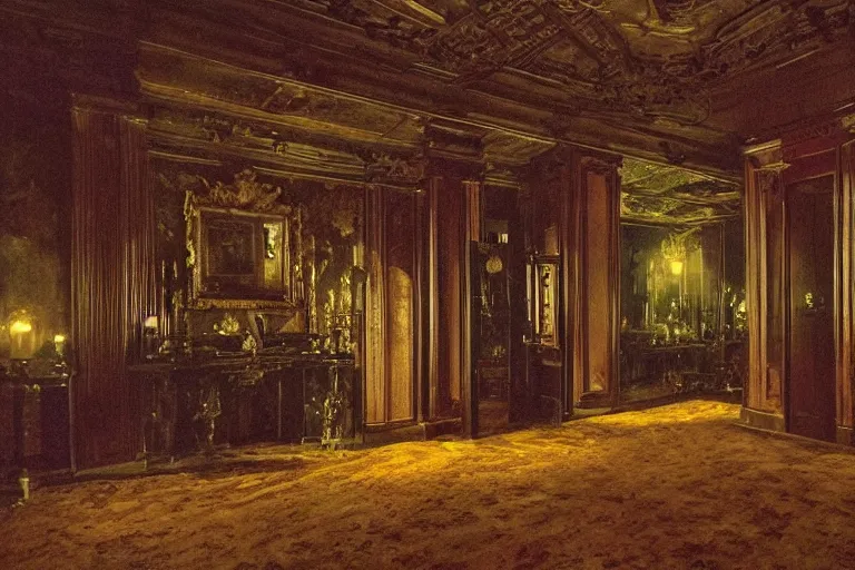 Image similar to full - color digital photo of the interior of a spooky elegant mansion at night. the interior architecture and layout are narrow, labyrinthine, illogical, surreal, bizarre, and complicated. there is a faintly - visible victorian ghost lurking. highly - detailed high - resolution photography.