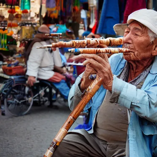 Prompt: old man playing a flute at a busy street market