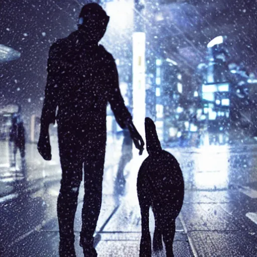 Image similar to cyborg woman, industrial designed, machined parts, illuminated micro led light circuits, walking dog in public, cinematic, raining, tokyo, streets, night, highly detailed, photographic, centered, by saroyama and greg rutkowski and james gurney