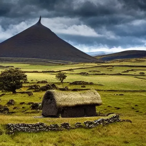 Image similar to beautiful landscape of Rohan with rural thatch roof villages scattered throughout the countryside, in the style of J.R.R Tolkien