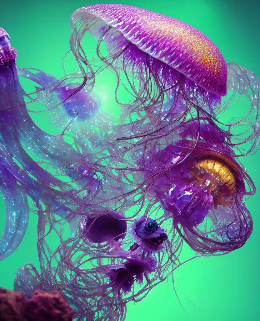 Prompt: close-up portrait. dichroic orchid jellyfish skull, betta fish, bioluminiscent creatures, intricate artwork by Tooth Wu and wlop and beeple. octane render, trending on artstation, greg rutkowski very coherent symmetrical artwork. cinematic, hyper realism, high detail, octane render, 8k