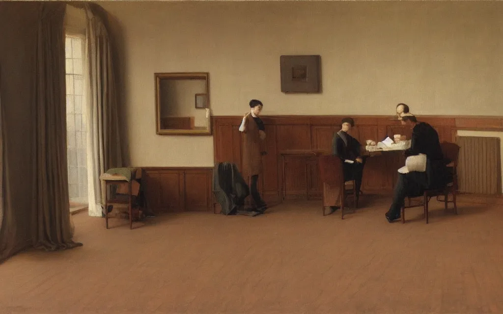 Image similar to a painting of a drama room in spring, oil on canvas, by hammershoi