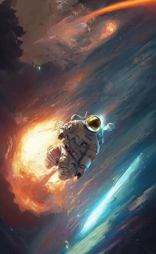 Prompt: a beautiful artwork illustration, astronaut flying around a galactic explosion, by greg rutkowski and jesper ejsing and raymond swanland, featured on artstation, wide angle, vertical orientation