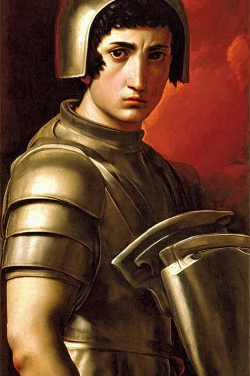 Prompt: renaissance painting of roman soldier, short black hair, pleading face, tears dripping from the eyes, emotions closeup, dressed in roman armour, ultra detailed, art by Guido Reni style, Vincenzo Catena style