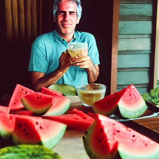 Prompt: a photo of jeffrey epstein sitting in a hut in hawaii with various square watermelons everywhere in the room, portra 4 0 0