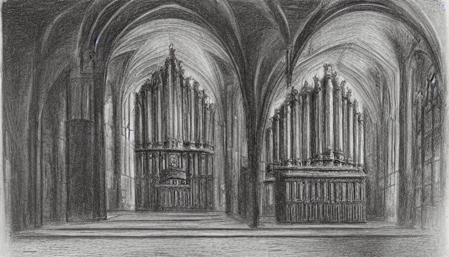 Prompt: pipe organ in a sunken cathedral, 1 9 th century charcoal and pencil drawing, high detail, high contrast