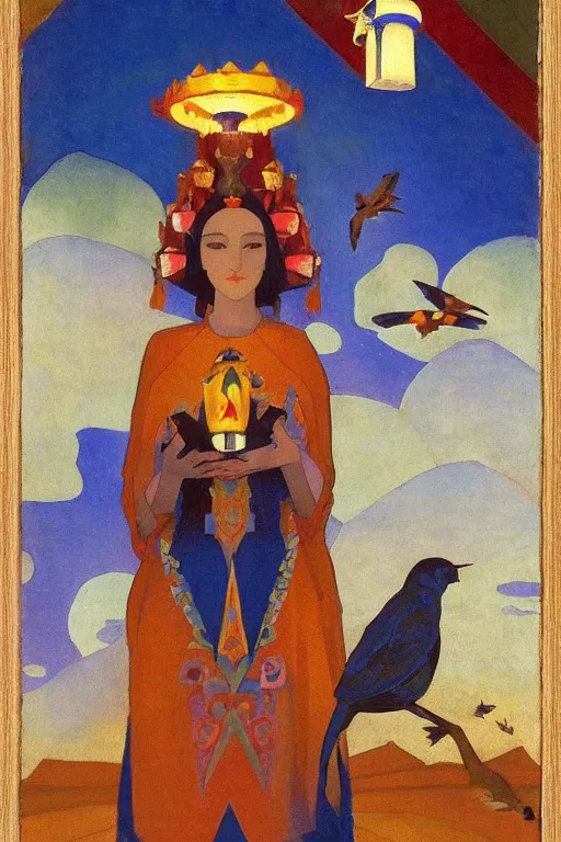 Image similar to queen of the dawn with her lantern and birds, by Nicholas Roerich, elaborate headdress and embroidered velvet, iridescent beetles, rich color, dramatic cinematic lighting, extremely detailed