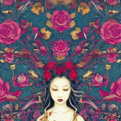 Prompt: Gilded lotus princess, ivy, oriental wallpaper, james jean